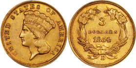 1854-D Three-Dollar Gold Piece. Winter 1-A, the only known dies. AU-55 (PCGS). CAC.
This thoroughly PQ example represents a significant find for the ...