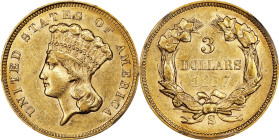 1857-S Three-Dollar Gold Piece. AU-58 (PCGS).
Lovely and rare near-Mint quality for this elusive, conditionally challenging early San Francisco Mint ...