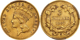 1860-S Three-Dollar Gold Piece. EF-45 (PCGS). CAC.
Remarkably well preserved and attractive despite having seen light commercial use, this premium Ch...