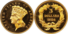 1886 Three-Dollar Gold Piece. JD-1, the only known dies. Rarity-4. Proof-66 Deep Cameo (PCGS). CAC.
This handsome and fully original Gem Proof 1886 $...
