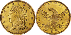 1836 Classic Head Half Eagle. HM-6. Rarity-3. MS-62+ (PCGS). CAC.
Beautiful golden-apricot color blends with full satin to softly frosted luster. Sma...