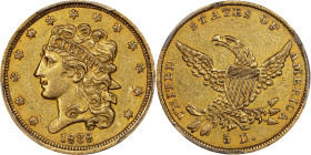 1838 Classic Head Half Eagle. HM-1. Rarity-3. AU-53 (PCGS).
Wisps of orange-apricot iridescence enliven otherwise golden-olive surfaces. An undeniabl...