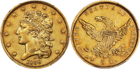 1838-D Classic Head Half Eagle. HM-1, Winter 1-A, the only known dies. Rarity-3. AU-50 (PCGS). CAC.
From the Dahlonega Mint's first coinage issue com...