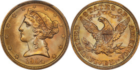 1904 Liberty Head Half Eagle. MS-67 (PCGS).
With silky smooth surfaces, razor sharp striking detail and vivid rose-gold and power blue colors, this l...