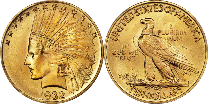 1932 Indian Eagle. MS-66 (PCGS).
Soft pinkish hues mingle with the golden-apric...