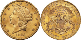 1904 Liberty Head Double Eagle. MS-66 (PCGS).
A frosty golden-apricot example with razor sharp striking detail throughout the design. Surfaces are si...