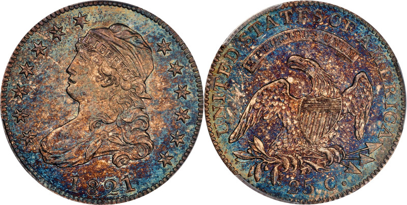 1821 Capped Bust Quarter. B-5. Rarity-7+ as a Proof. Proof-64 (PCGS).
It is a r...