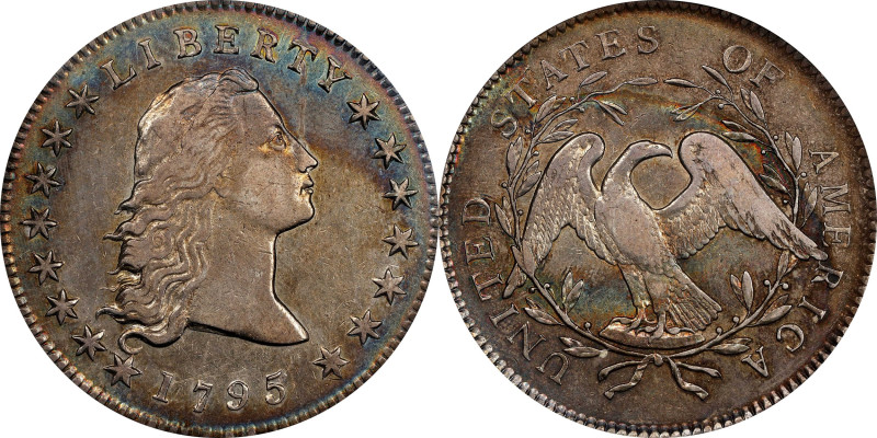 1795 Flowing Hair Silver Dollar. BB-21, B-1. Rarity-2. Two Leaves. AU-53+ (PCGS)...