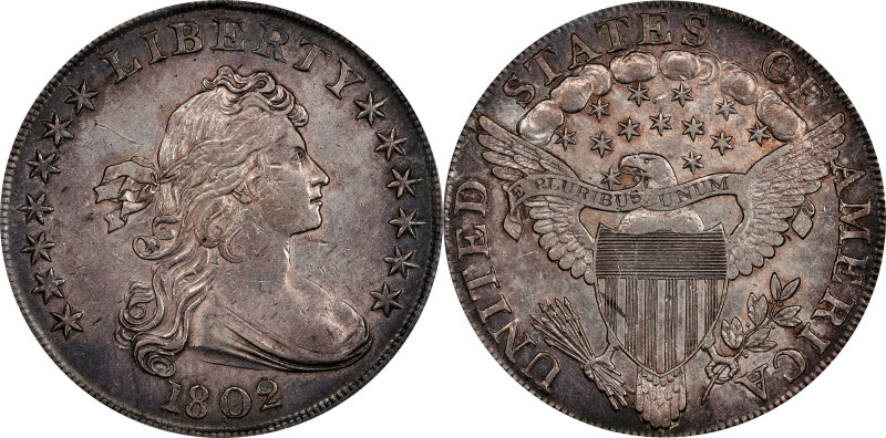 1802 Draped Bust Silver Dollar. BB-241, B-6. Rarity-1. Narrow Date. AU-55 (PCGS)...