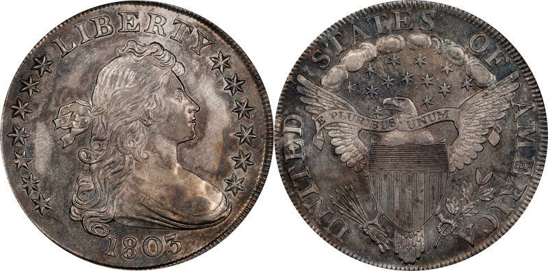 1803 Draped Bust Silver Dollar. BB-255, B-6. Rarity-2. Large 3. AU-55 (PCGS).
A...