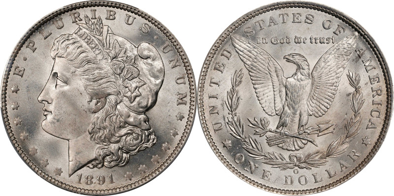 1891-O Morgan Silver Dollar. MS-65+ (PCGS).
An exceptionally well produced exam...