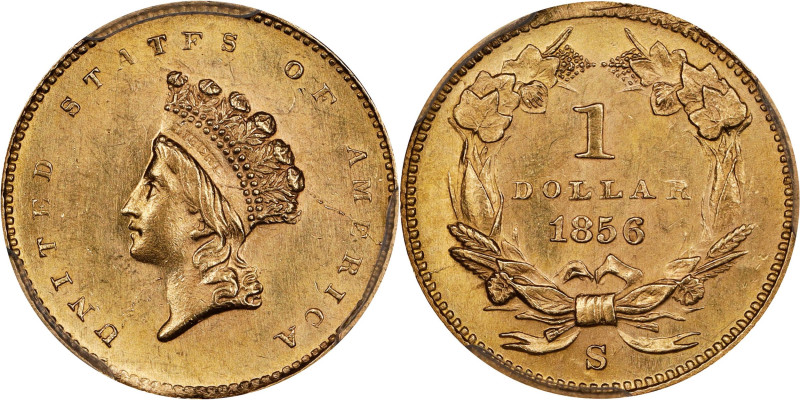 1856-S/S Gold Dollar. Type II. FS-501. Repunched Mintmark. MS-63 (PCGS).
Charmi...