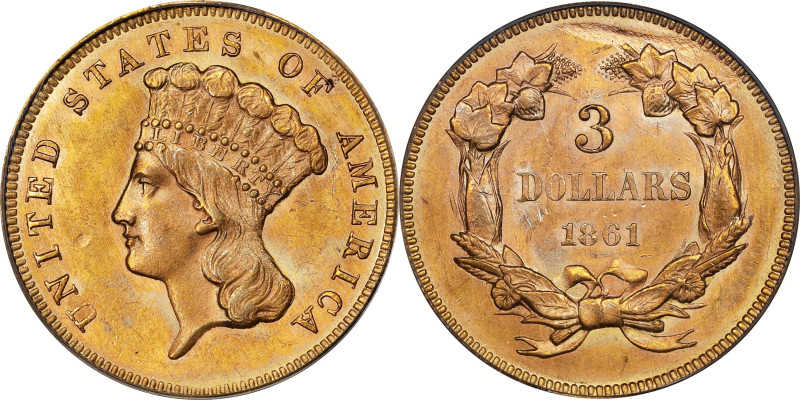 1861 Three-Dollar Gold Piece. MS-61 (PCGS). OGH.
This generally satin-textured ...