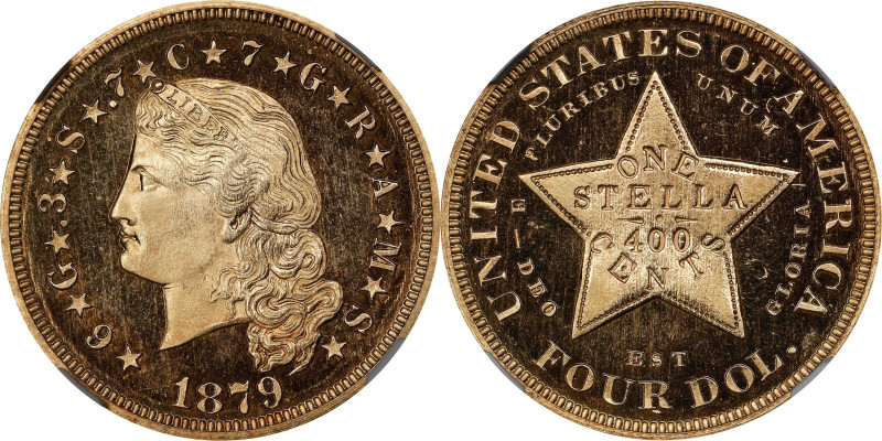 1879 Four-Dollar Gold Stella. Flowing Hair. Judd-1635, Pollock-1833, JD-1. Rarit...