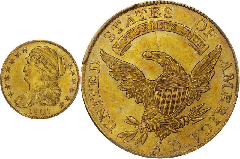 1807 Capped Bust Left Half Eagle. BD-7. Rarity-5+. MS-62 (PCGS).
This vivid and...