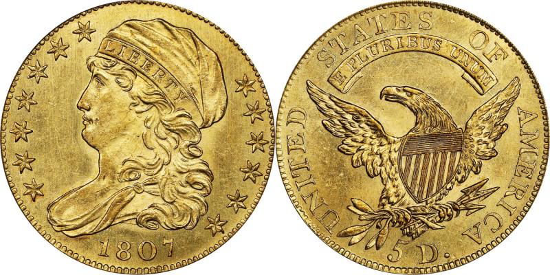 1807 Capped Bust Left Half Eagle. BD-8. Rarity-2. MS-62 (PCGS). OGH.
Sharply st...