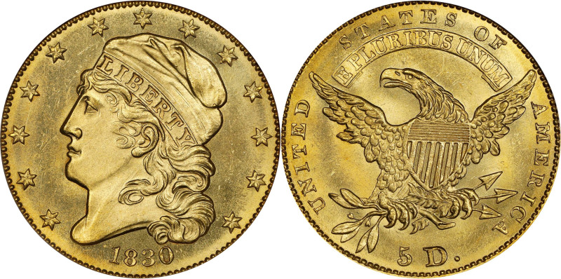 1830 Capped Head Left Half Eagle. BD-1. Rarity-6. Large D. MS-66 (PCGS). CAC.
A...