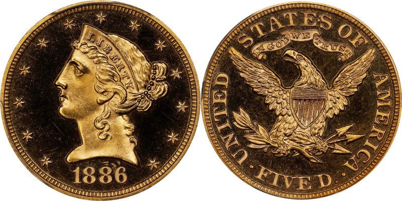 1886 Liberty Head Half Eagle. JD-1, the only known dies. Rarity-6-. Proof-66 Dee...