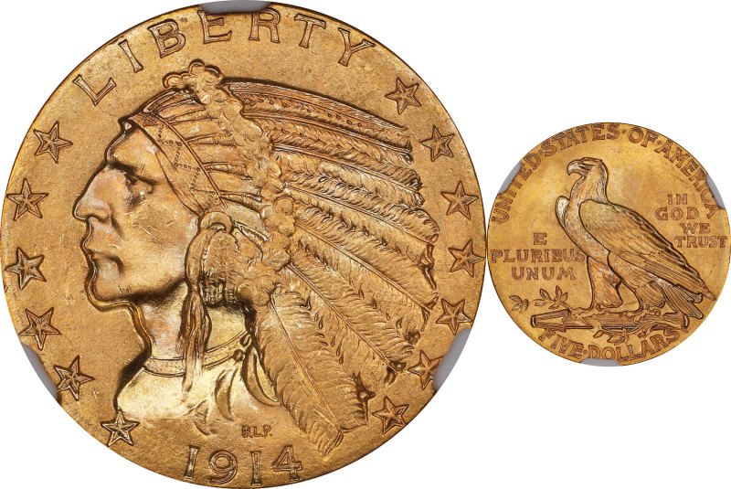 1914 Indian Half Eagle. MS-65+ (NGC).
Gorgeous satin to softly frosted surfaces...