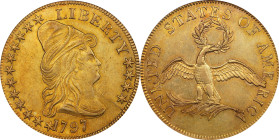 1797 Capped Bust Right Eagle. Small Eagle. BD-1, Taraszka-7. Rarity-5. AU-58 (PCGS).
Deep yellow-gold with an olive cast and heavy orange highlights ...