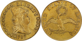 1797 Capped Bust Right Eagle. Small Eagle. BD-1, Taraszka-7. Rarity-5. AU-53 (PCGS).
This is an overall boldly defined early eagle, the denticulation...