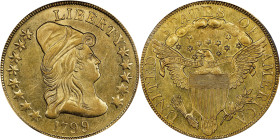 1799 Capped Bust Right Eagle. BD-10, Taraszka-22. Rarity-3. Large Obverse Stars. AU-55 (PCGS).
A bright yellow-gold example with pale olive undertone...