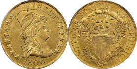 1800 Capped Bust Right Eagle. BD-1, Taraszka-23, the only known dies. Rarity-3+. AU-53 (PCGS).
Rich deep olive undertones backlight bright orange-gol...