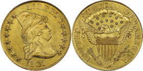 1801 Capped Bust Right Eagle. BD-2, Taraszka-25. Rarity-2. MS-61 (PCGS).
This endearing Uncirculated example possesses even color in light, vivid gol...