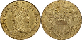 1803 Capped Bust Right Eagle. BD-5, Taraszka-30. Rarity-4+. Large Reverse Stars, Extra Star. AU-58 (PCGS).
This bright golden-honey example retains a...