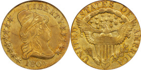 1804 Capped Bust Right Eagle. BD-1, Taraszka-31. Rarity-4+. Crosslet 4. EF-45 (PCGS).
Pretty reddish-rose iridescence drifts over otherwise deep gold...