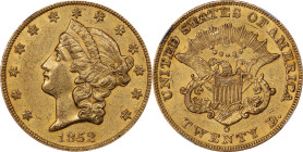 1852-O Liberty Head Double Eagle. Winter-1, the only known dies. MS-60 (NGC).
The fields of this outstanding New Orleans Mint double eagle offer love...