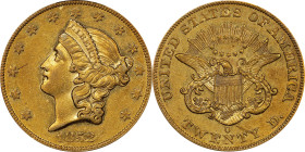 1852-O Liberty Head Double Eagle. Winter-1, the only known dies. AU-58 (PCGS).
Vivid deep green-gold surfaces with warm orange patina also very much ...