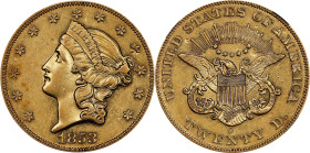 1853-O Liberty Head Double Eagle. Winter-1, the only known dies. AU-58 (NGC).
Offered is an important coin for the advanced double eagle or New Orlea...