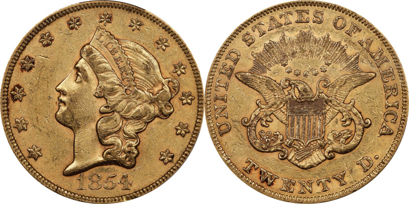 1854 Liberty Head Double Eagle. Large Date. AU-55 (PCGS).
It is not often that ...