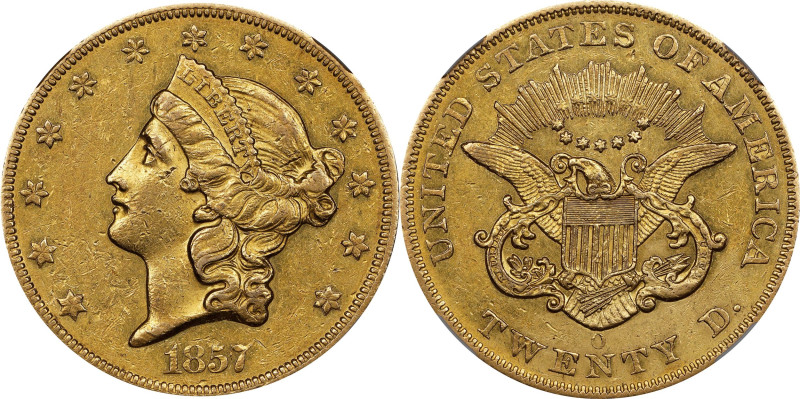 1857-O Liberty Head Double Eagle. Winter-1, the only known dies. AU-58 (NGC).
T...