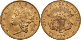 1861-S Liberty Head Double Eagle. MS-60 (PCGS).
If the PCGS MS-61 example in the preceding lot proves elusive, this solid BU 1861-S in MS-60 would ma...