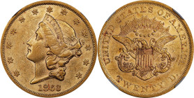 1863 Liberty Head Double Eagle. AU-55 (NGC). CAC.
A wonderful example with vivid orange and golden-apricot color on lustrous surfaces. Bold to sharp ...