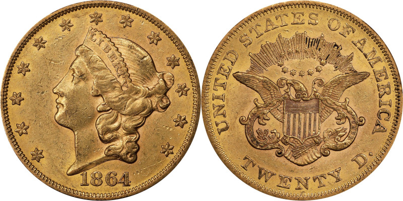 1864 Liberty Head Double Eagle. AU-58 (PCGS). CAC.
A wonderfully originally exa...