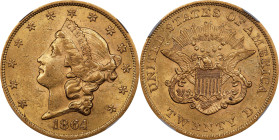1864 Liberty Head Double Eagle. AU-58 (NGC).
A remarkable second premium quality Choice AU example of this key date Civil War era gold issue. Vivid h...