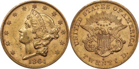 1864-S Liberty Head Double Eagle. MS-61 (PCGS).
Warmly patinated in deep honey-orange, this originally preserved example also offers softly frosted l...