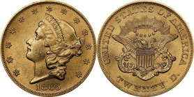 1865 Liberty Head Double Eagle. Misplaced Date. MS-62 (NGC). S.S. Republic Label.
This is an exquisite piece with exceptionally vibrant satin surface...