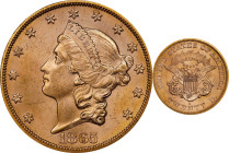 1865-S Liberty Head Double Eagle. MS-64 (NGC). CAC.
Vivid rose-orange surfaces are as smooth and inviting as the day of striking. Overall detail is b...