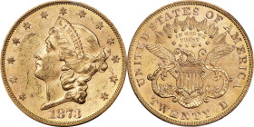 1873-S Liberty Head Double Eagle. Open 3. MS-61 (PCGS).
Delightful honey-apricot surfaces are boldly struck in most areas and display bountiful mint ...