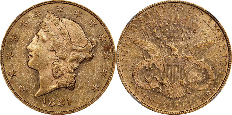 1881 Liberty Head Double Eagle. AU-58 (NGC).
Lustrous satin surfaces with sharp...