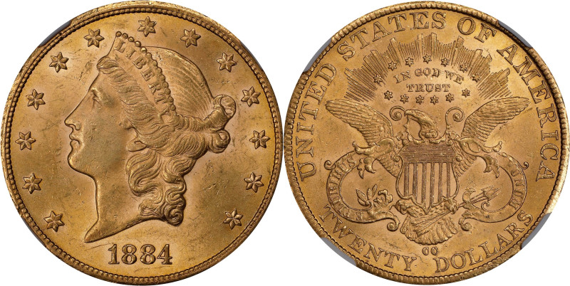 1884-CC Liberty Head Double Eagle. MS-62 (NGC).
With full mint luster, crisp st...