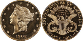 1902 Liberty Head Double Eagle. JD-1, the only known dies. Rarity-4+. Proof-64 (NGC).
An impressive, premium Choice representative of this rare and e...