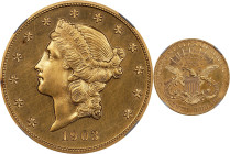 1903 Liberty Head Double Eagle. JD-1, the only known dies. Rarity-4. Proof-63 (NGC).
Beautiful medium gold features possess a lively, universally mir...
