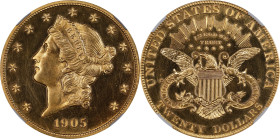 1905 Liberty Head Double Eagle. JD-1, the only known dies. Rarity-4+. Proof-64 (NGC).
A boldly reflective specimen that comes remarkably close to a G...