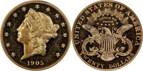 1905 Liberty Head Double Eagle. JD-1, the only known dies. Rarity-4+. Proof-62 (PCGS).
Beautiful Proof surfaces are dressed in vivid medium gold colo...