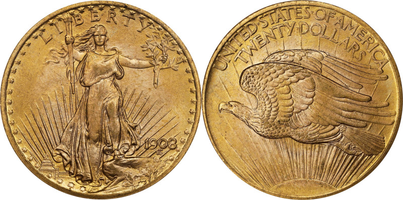 1908 Saint-Gaudens Double Eagle. No Motto. MS-68 (NGC).
This outstanding 1908 N...